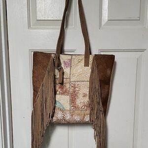 Brown and Cream Patchwork Fringe Tote Bag